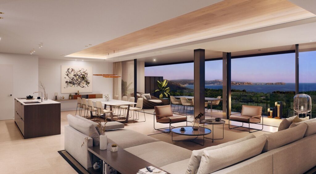 complejo-residencial-lujoSalón comedor, ventanales con vistas al mar, iluminación integral en las esquinas del techo